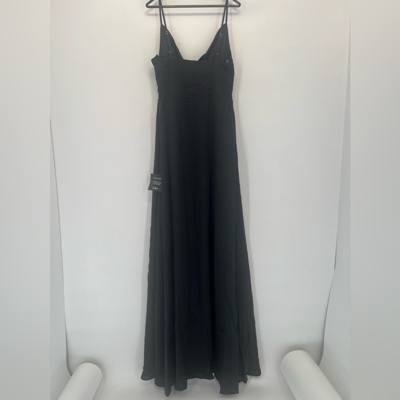 Lulus Satin Cowl Neck Front High Slit Strappy Romantic Maxi Dress In Black - Picture 9 of 10